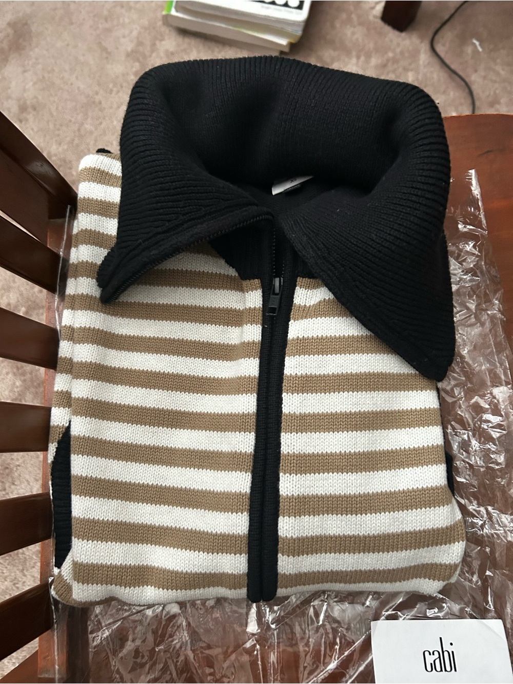 Cabi Striped Zip Cardigan in Black, Cream & Tan